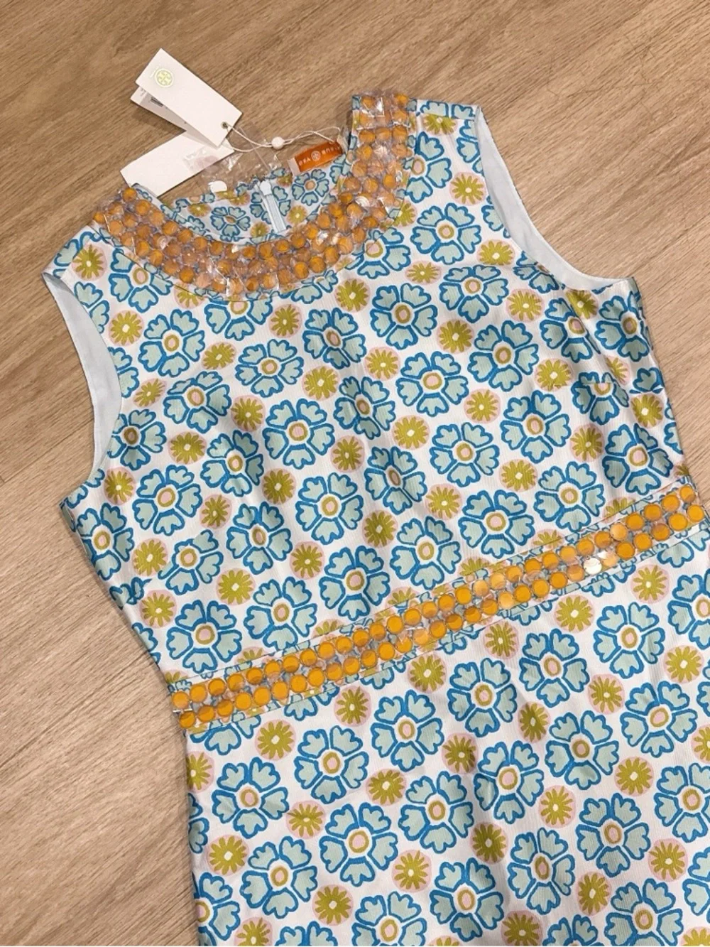 Tory Burch Blue Floral Midi Dress with Yellow Accents